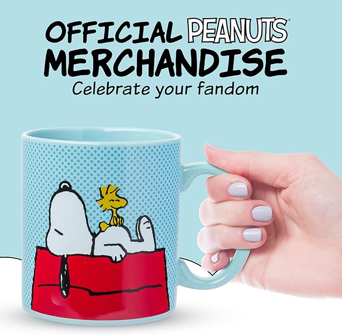 Silver Buffalo Peanuts Snoopy and Woodstock on House Blue Dot Background Ceramic Coffee Mug, 20 Ounces