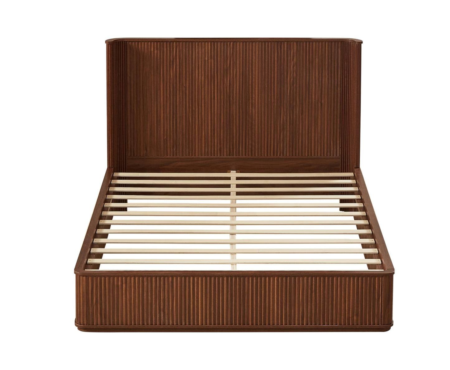 KEIKI Queen Bed Frame with 44" Tall Fluted Headboard, Natural Walnut Platform Bed Frame, Modern Wood Bed Frame with Solid Slats, No Box Spring Needed, Noise-Free, Easy Assembly