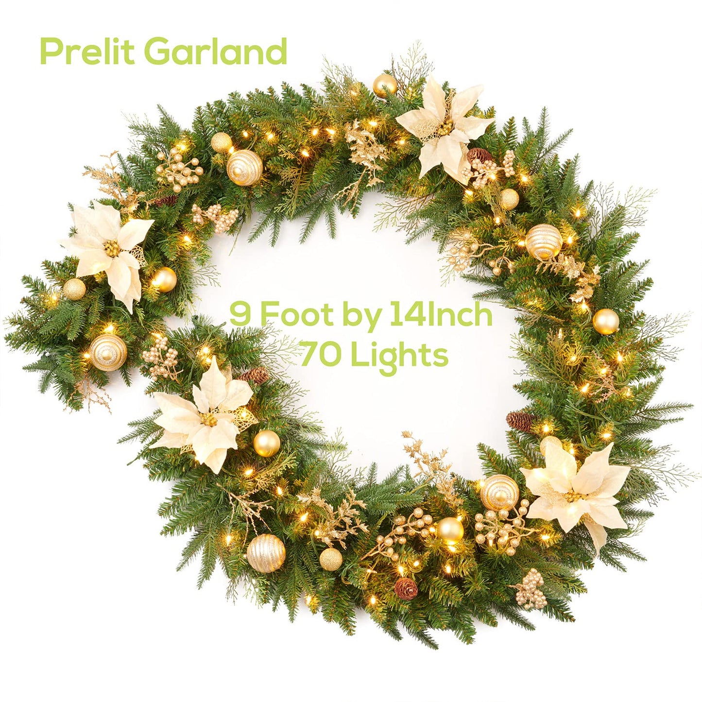 AMERZEST 9Ft Christmas Garland Prelit with Gold Berries and Balls,Flower and 50 Lights Plug in,Holiday Decoration Fireplace Stairs Mantle Door Indoor Outdoor