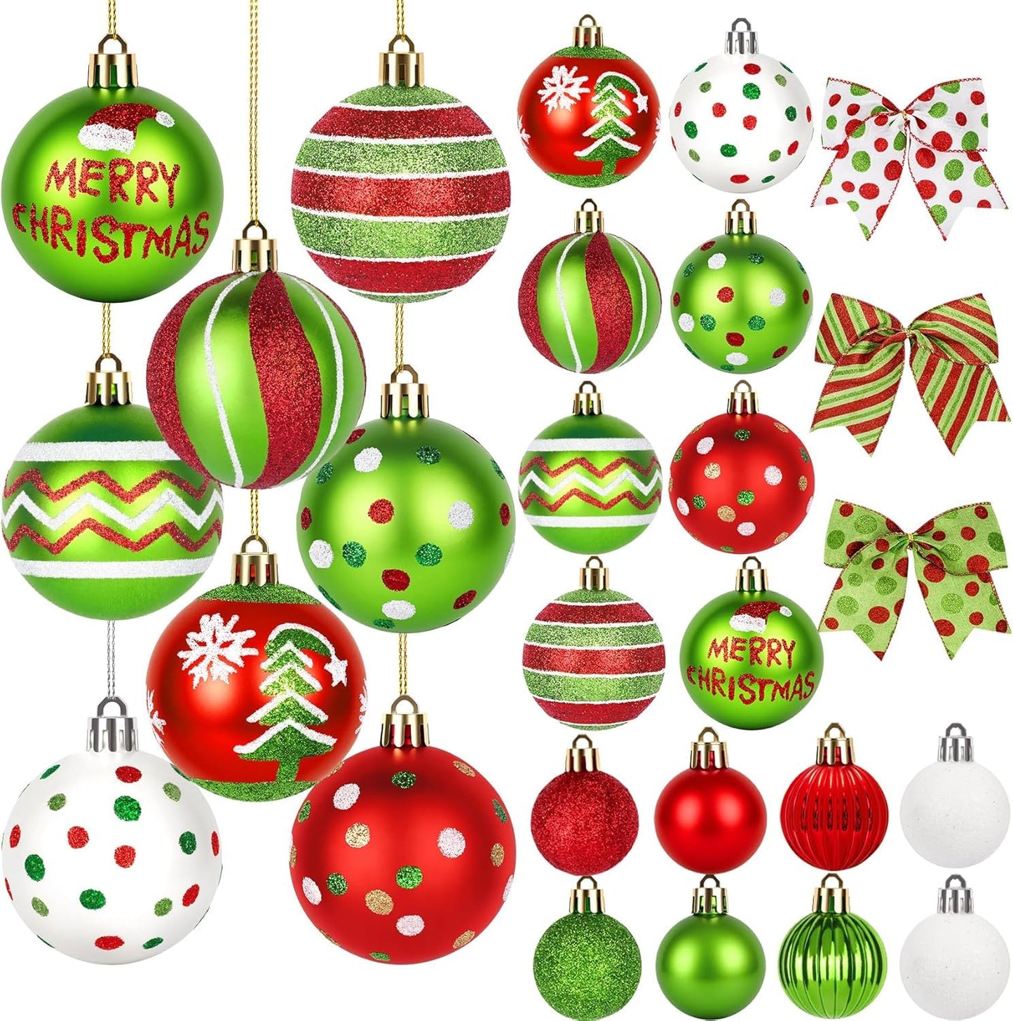 46 Pcs Christmas Ball Ornaments for Tree, Glittering Red and Green Hanging Christmas Tree Ornaments Set, Plastic Shatterproof Xmas Balls and Polka Dot Ribbon Bows for Holiday Home Indoor Decorations