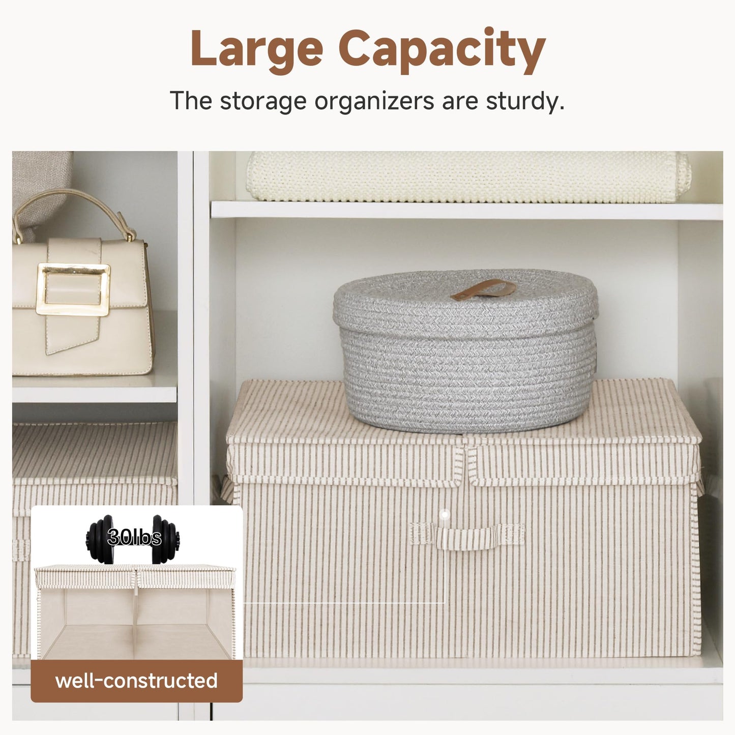 StorageWorks Extra Large Storage Bins with Lids, 55L Decorative Organizer with Divider Board, Fabric Boxes with Handles, Khaki and Beige Stripes, 2-Pack