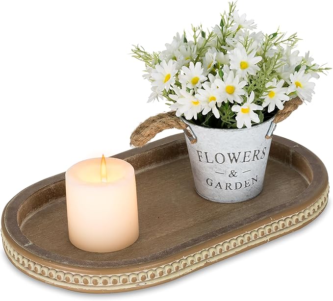 Hanobe Decorative Trays for Coffee Table : Vintage Oval Centerpiece Tray Wood for Farmhouse Dining Table Decor Round Bathroom Tray for Living Room Kitchen Counter