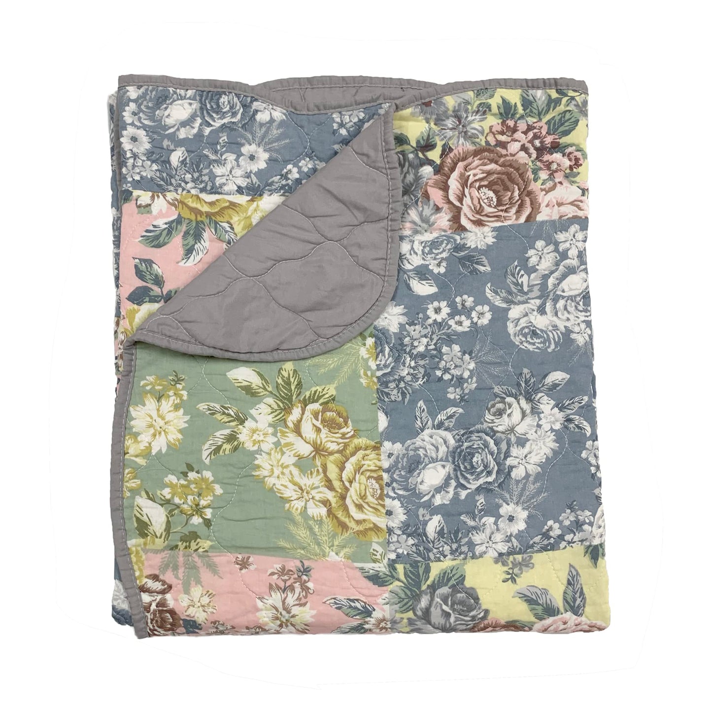 Greenland Home Emma Patchwork Floral Print Quilted Throw Blanket, 60x50-inch, Gray