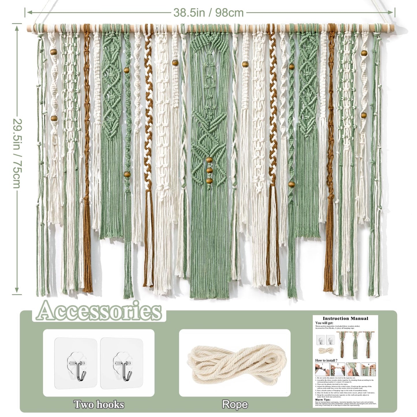 MEIVINES Macrame Wall Hanging Large Wall Art Handmade Woven Tapestry Boho Tapestry Macrame Wall Decor Art Home decoration for Living Room Bedroom Apartment Dorm Wedding Party 38" x 29"