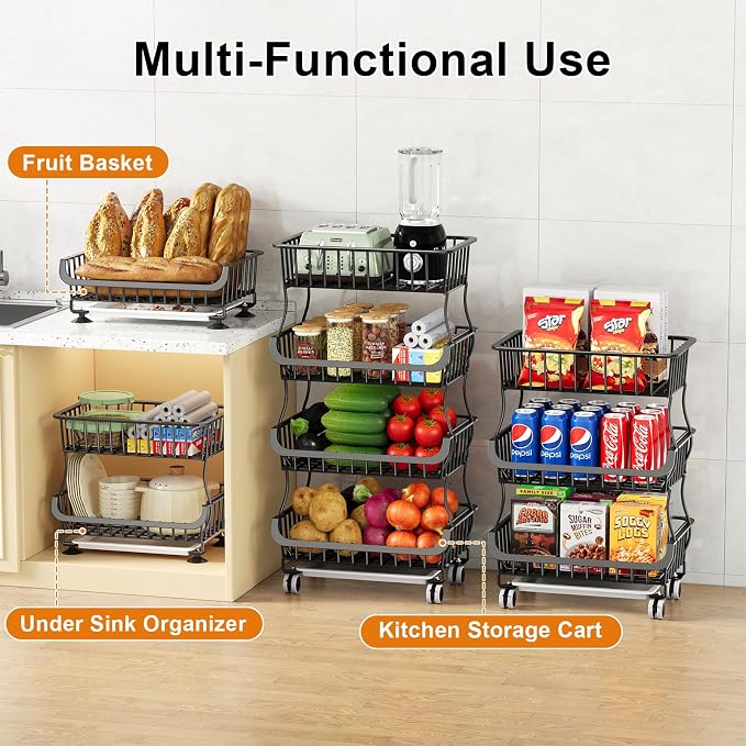 3 Tier Rolling Pantry Floor Organizers and Storage Cart with Wheels, Fruit Basket Stand on Wheels, Vegetable Baskets for Kitchen, Three Tiered Pantry Shelves Organzier for Snack, Produce, Potato,Onion