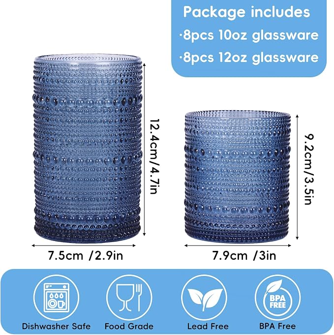 Moretoes Hobnail Drinking Glasses Set of 16, 12 Oz Highball Glasses & 10 Oz Cocktail Glasses, Clear Embossed Boho Glass Cups Kitchen Bar Tumbler Glassware Set for Whiskey, Beer, Juice, Milk (Blue)