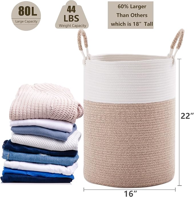 80L Extra Large Laundry Hamper Basket Tall Woven Rope Clothes Hamper Blanket Basket for Living Room Bathroom Bedroom Brown 16"L x 16"W x 22"H