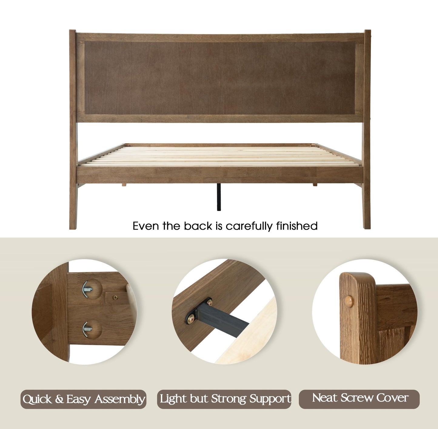 King Size Bed Frame, Solid Wood Platform Bed with Headboard & Footboard, 12 Sturdy Slatted Structure, Central Metal Legs, Easy Assembly, Noise & Anti-Slip, No Box Spring Needed, Barnwood Finish OLK-30