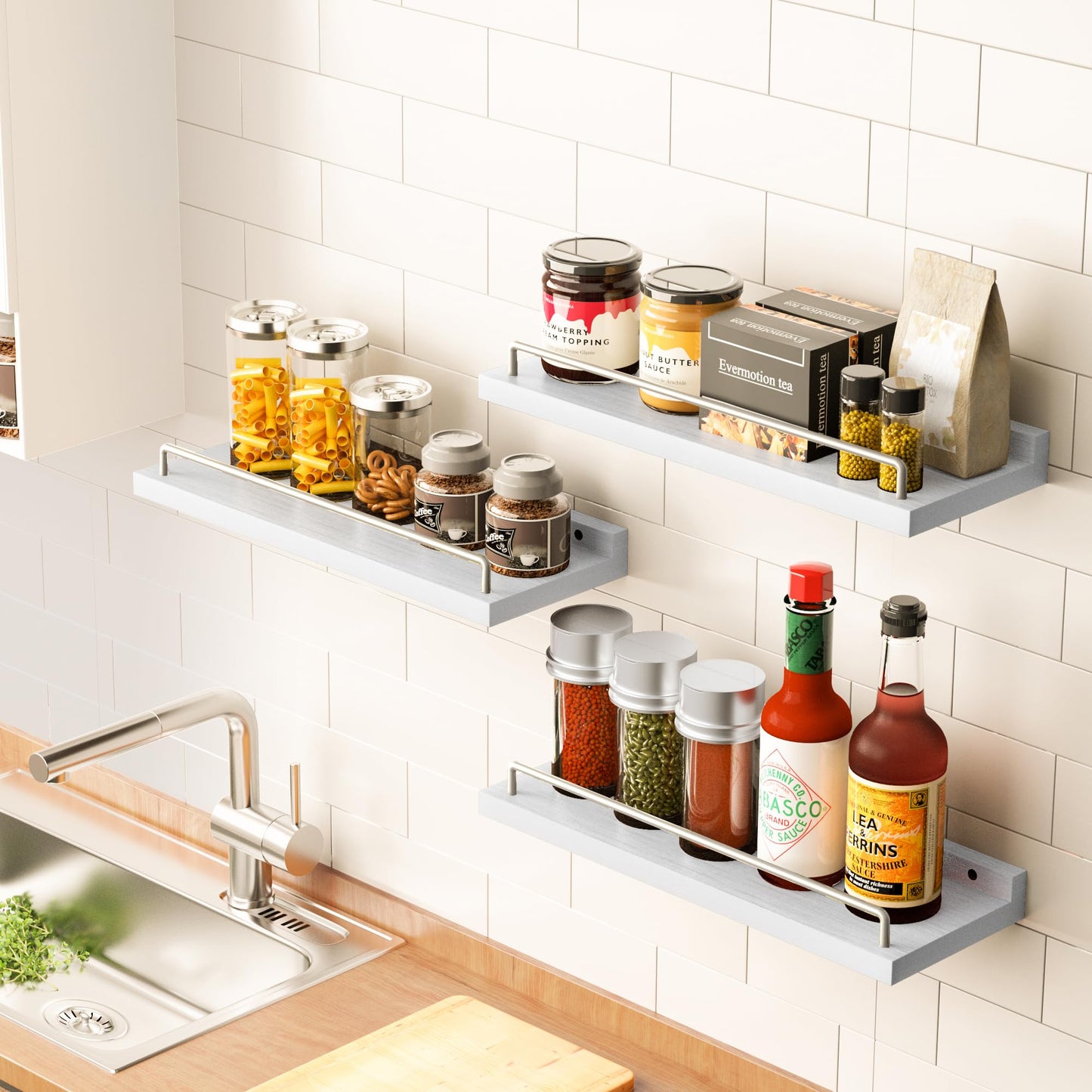RYOFOBETTO Floating Shelves for Wall Decor, White and Grey Shelves for Bathroom, Living Room, Bedroom, Picture Frames, Plants, Kitchen (Set of 3)