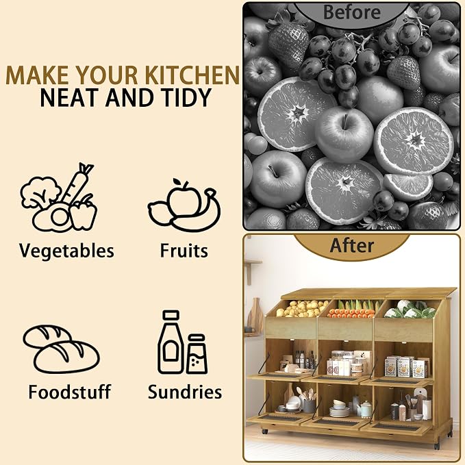 Triple Potato and Onion Storage Bin with Wheels, 3 Tier Wooden Potato Storage Cabinets with Mesh Doors, Farmhouse Movable Fruit and Vegetable Box, Wood Bread Box for Kitchen (Triple Brown)