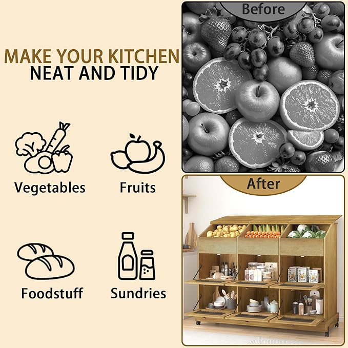 Large Potato Storage Bin, Wooden Bread Bins with Wheel, Onion Storage Bin, Storage Box for Kitchen Pantry, Brown