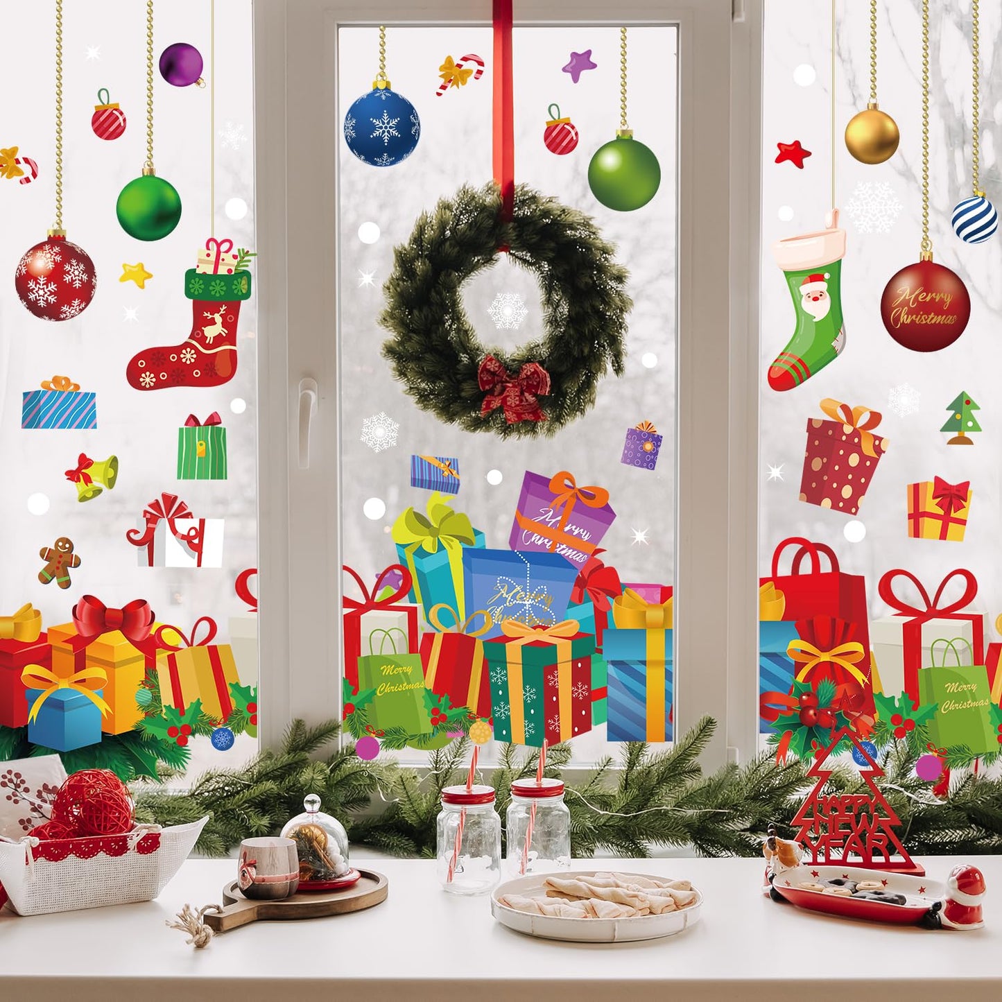 Quera Christmas Window Clings Christmas Ball Snowflake Gift Box Dot Static Window Stickers for Xmas Holiday Window Decorations Decal Home Party Ornaments, 11.8 "X 11.8", 6 Sheets