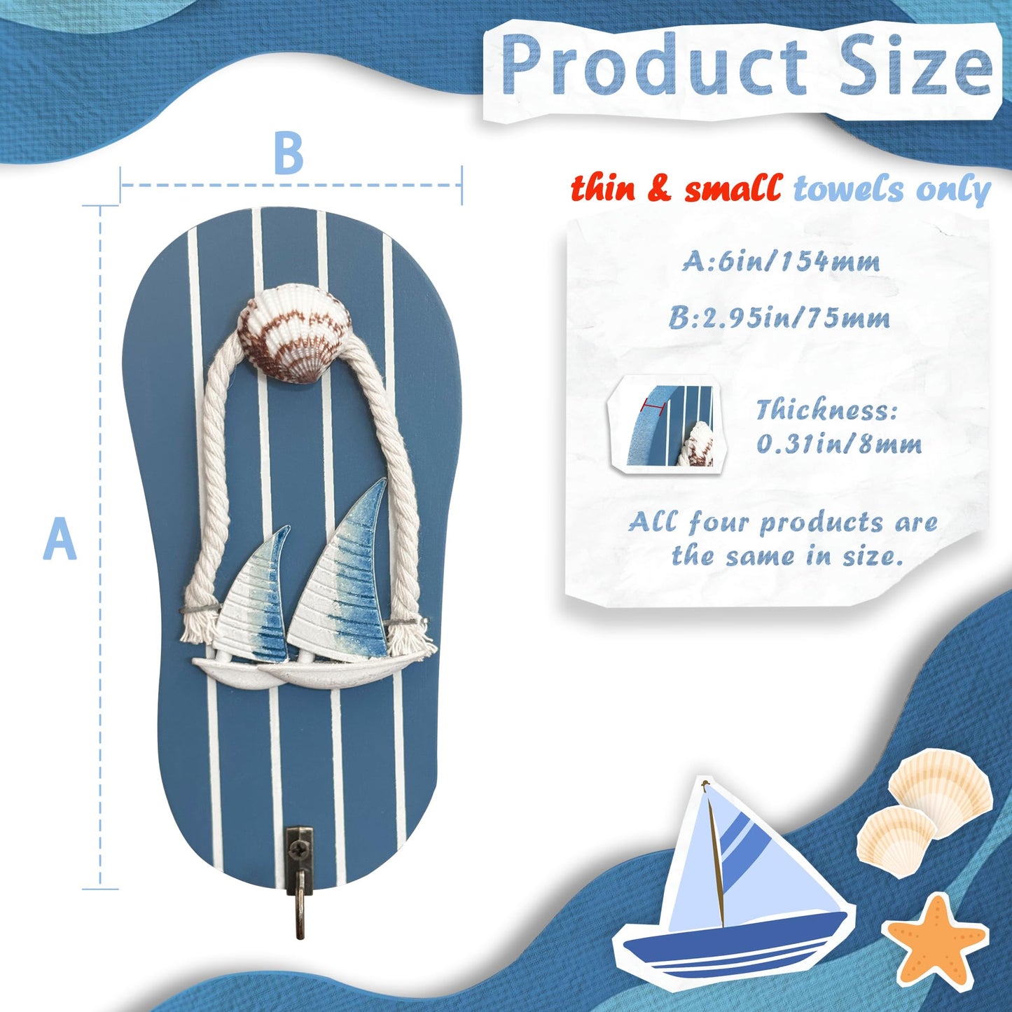 KYIEN Cute Flip Flop Small Towel Wall Hooks- Wooden Beach-Themed Rack with Metal Hooks (9.3") - Coastal Decor for Bathroom & Poolside, Beach Houses for Hanging Key Purse (Blue and White)