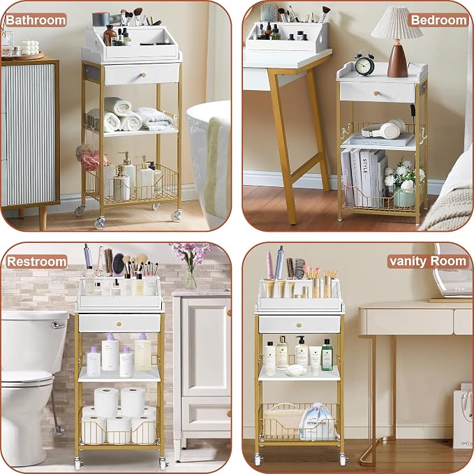 Makeup Organizer Cart with Drawer, 2-in-1 Rolling Organizer Cart with Hair Tool Holder, Vanity Storage for Skincare, Perfume, Nail Polish, Cosmetics, Gold Finish