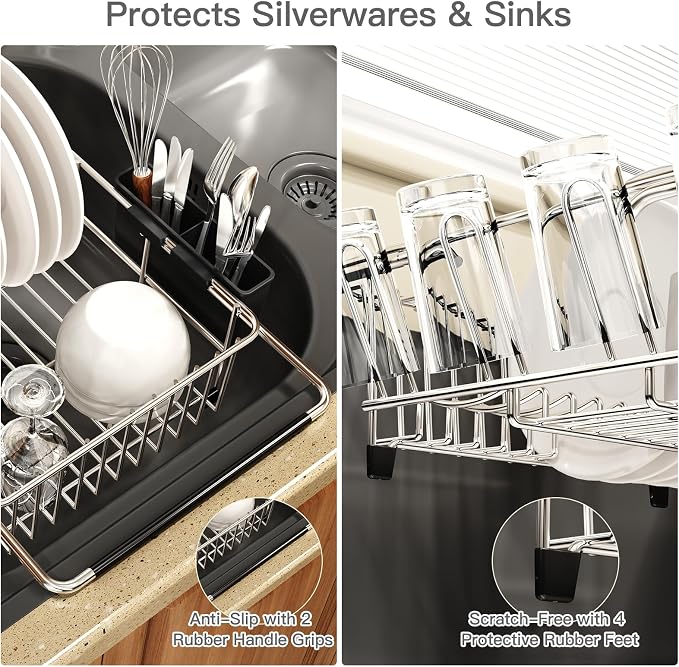 MAJALiS Dish Drying Rack Over The Sink with Utensil Holder, Drainboard | Expandable Stainless Steel Dish Drainer for Small Kitchen, Apartment, RV, Counter Space Saving, Perfect Fit, Rustproof