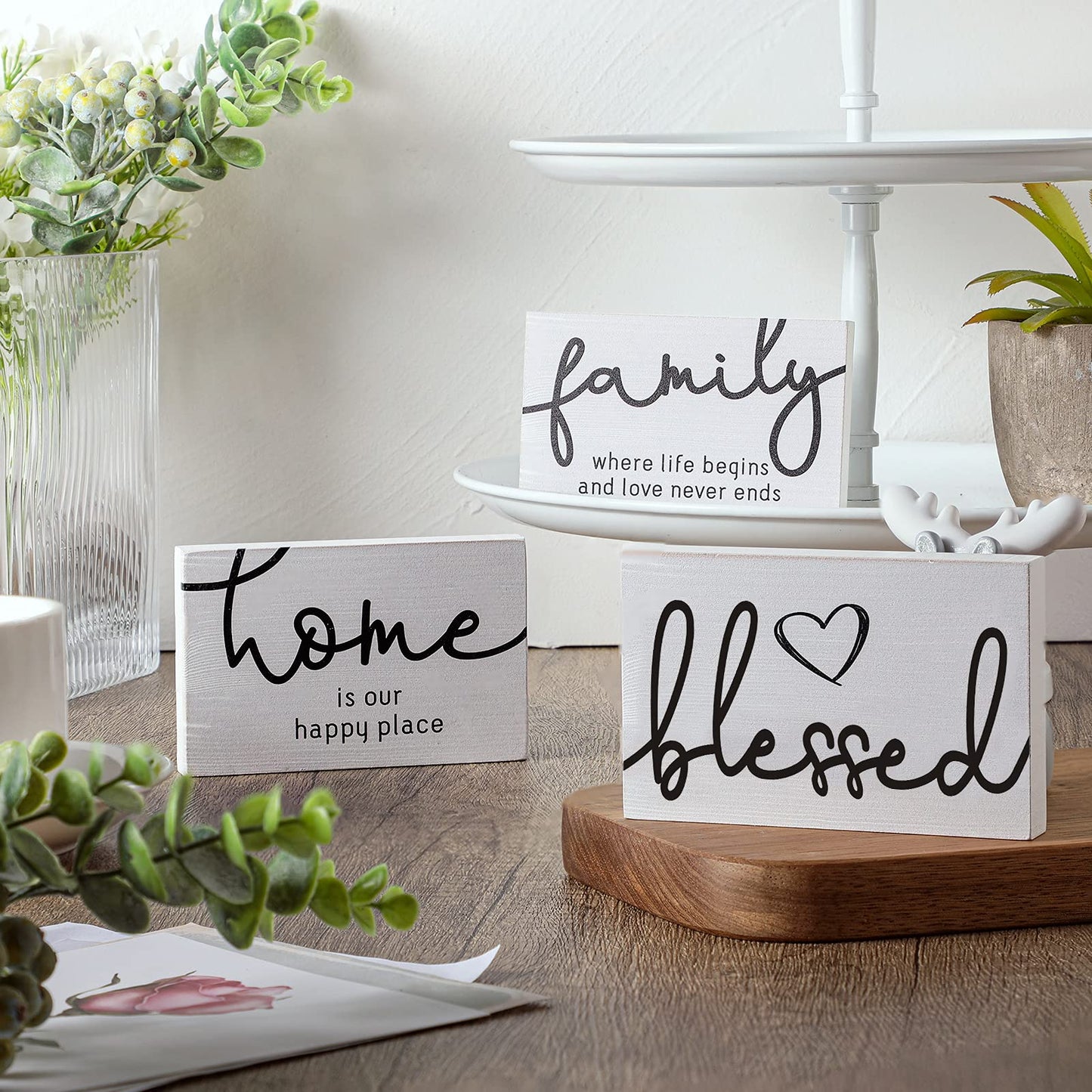 Jetec 3 Pcs Family Home Blessed Rustic Wood Sign Mini Wood Decorative Farmhouse Woodworks Table Shelves Decorations Sign for Bedroom Kitchen Living Room Table Decor(White,4.25 x 2.76 x 0.59 in)