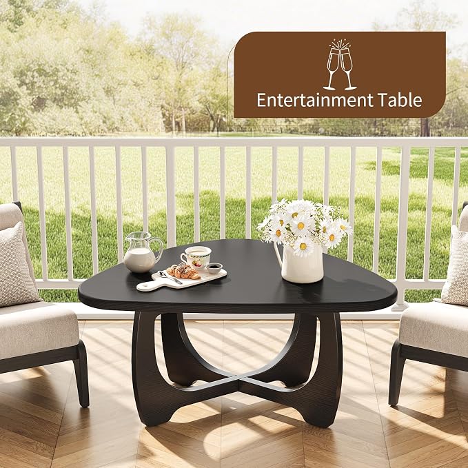 Coffee Table for Living Room - Mid Century Modern Coffee Tables with Triangle Top, Unique Small Round Coffee Table, Wood Oval Tea Table with Solid Legs for Bedroom, 35.8"x 22.5" x 16.2" Black
