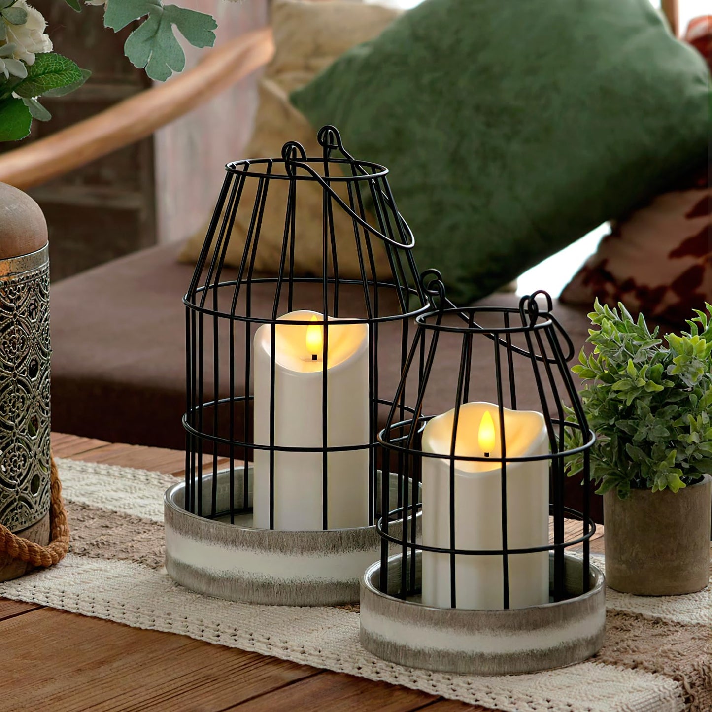 Homemory Rustic Farmhouse Lantern Decor with Flameless Candle & Remote Timer, 2PCS Stylish Metal Candle Holder Home Decorations for Fireplace Mantle Kitchen Dining Table Living Room