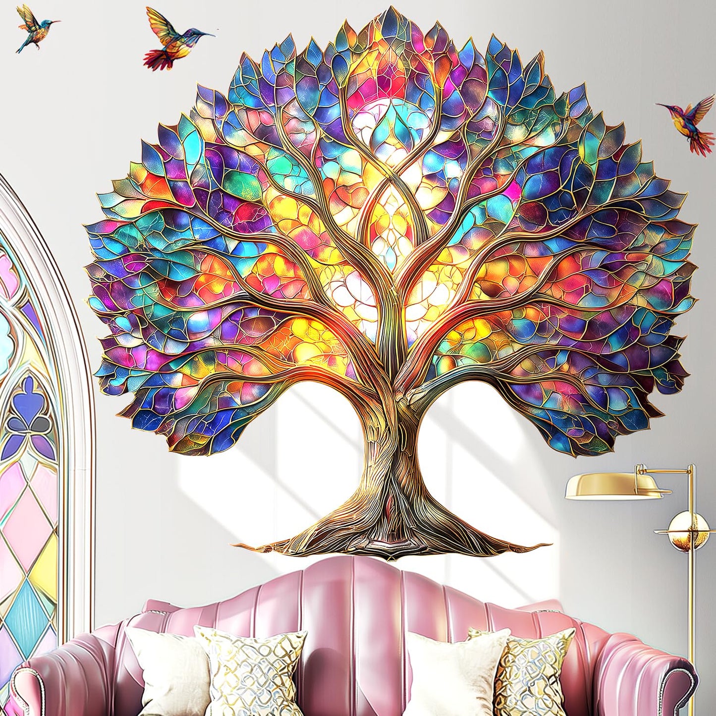VePret Vibrant Tree of Life Wall Decals Peel and Stick,Stained Glass Leaves Wall Stickers & Murals, Removable Hummingbirds Home Decor Art for Bedroom Living Room Classroom Office