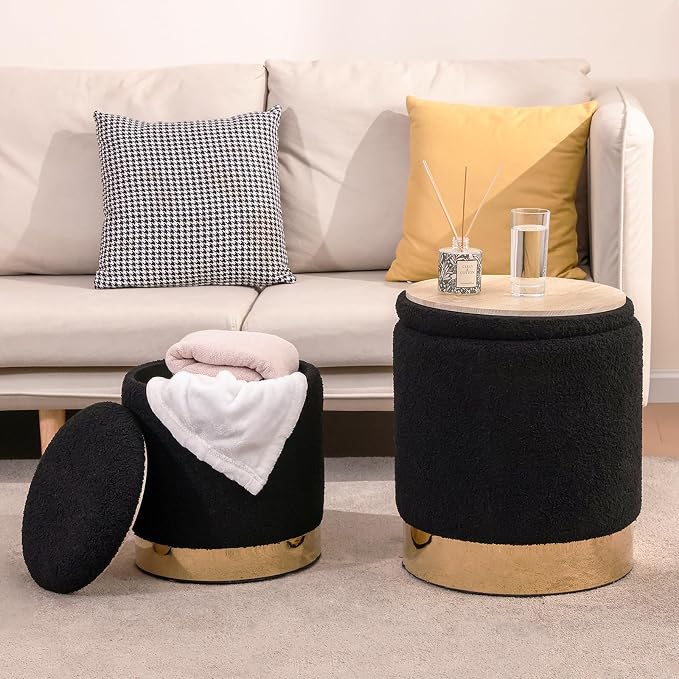 Round Ottoman with Storage Set of 2 Vanity Stool Foot Rest with Removable Lid for Bedroom Black Sherpa Storage Ottoman Stool for Living Room and Dorm Space Saving Assembly Free(Sherpa Black)