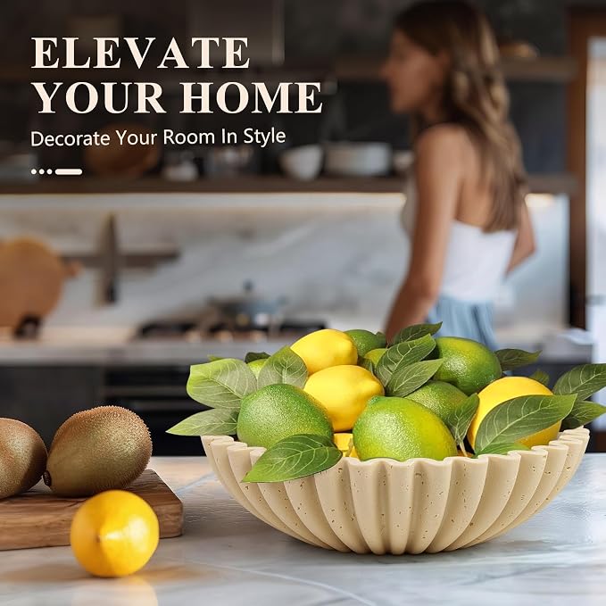 YMXYJM Large Decorative Bowl, Modern Handicraft Bowls for Home Decor, Decorative Fruit Bowl for Kitchen Counter, Ruffle Decor, Stylish Key Bowl for Entry Table, Artificial Travertine Beige