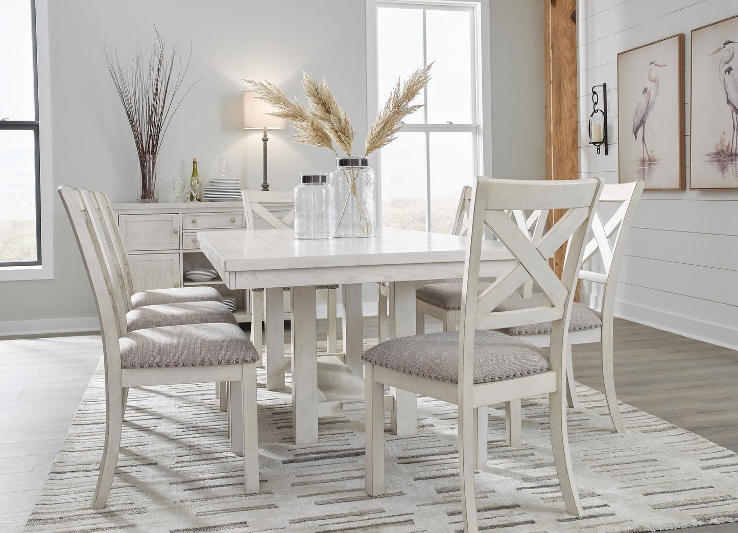 Signature Design by Ashley Robbinsdale Casual Upholstered Solid Wood Dining Chair with Nailhead Trim, Set of 2, White & Light Gray