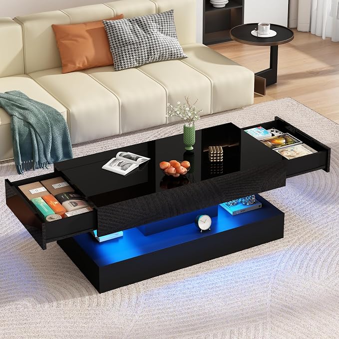 Uspeedy 39.37in Large High Glossy LED Coffee Table with 2 Storage Drawers,Black/White Modern Coffee Tables for Living Room,Living Room Tables,APP LED Lights (Black)