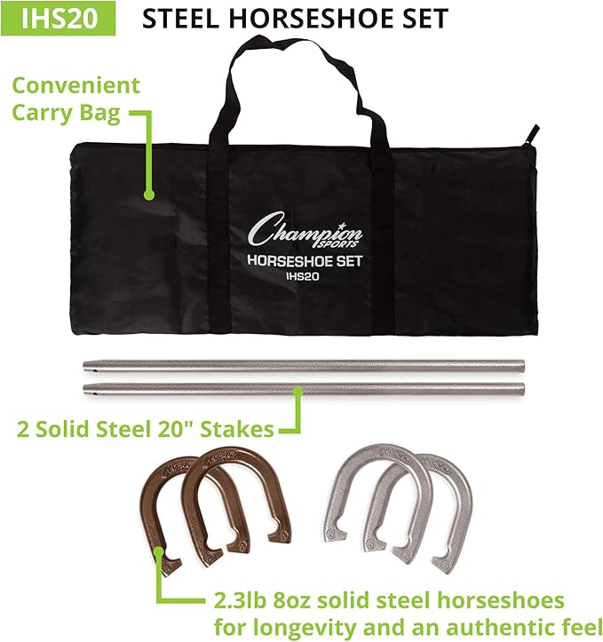 Champion Sports Horseshoe Set: Traditional Outdoor Lawn Game includes Four Professional Solid Steel Horseshoes with Solid Steel Stakes & Carrying Storage Case