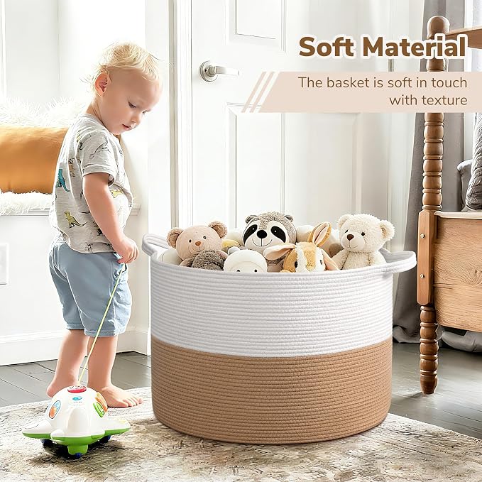 INDRESSME 115L Extra Large Jute Rope Basket, Blanket Basket Home Decor Baby Laundry Baskets for Toys Storage Bedroom, Living Room, Nursery, Boho Hamper for Colthes Towel, White & Camel