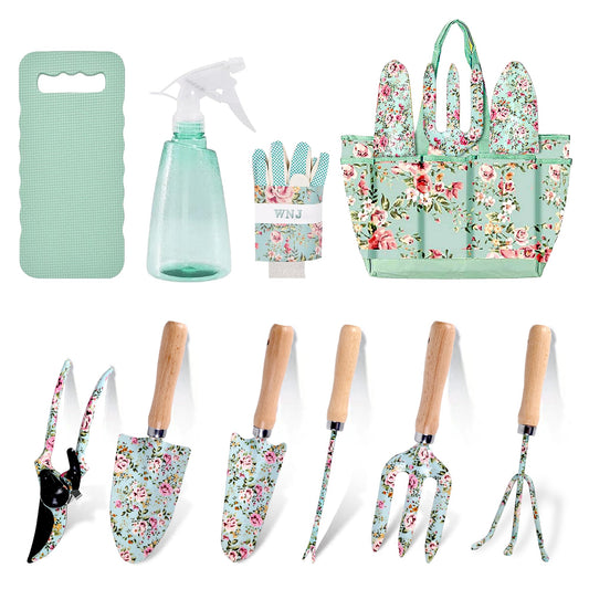 10-Piece Floral Garden Tools Set with Tote Bag, Heavy Duty Gardening Kit with Pruning Shears, Trowels, Rake, Sprayer, Kneeling Pad & Gloves - Gift for Women, Gardener, Mother's Day