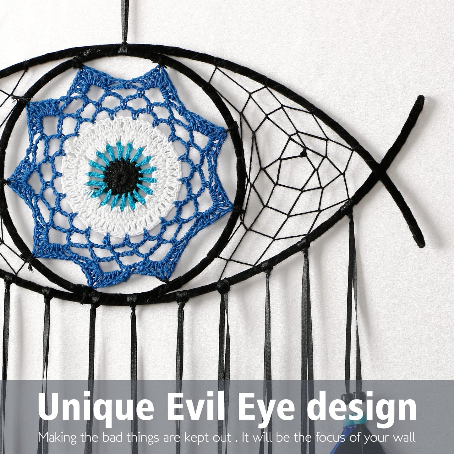 Dremisland Evil Eye Dream Catcher-Blue Black Dream Catchers Handmade Feather Evil Eye Wall Hanging Ornament Home Decor for Bedroom Livingroom Yard, Blessing Craft Gift Bring Good Luck (Blue-Black)