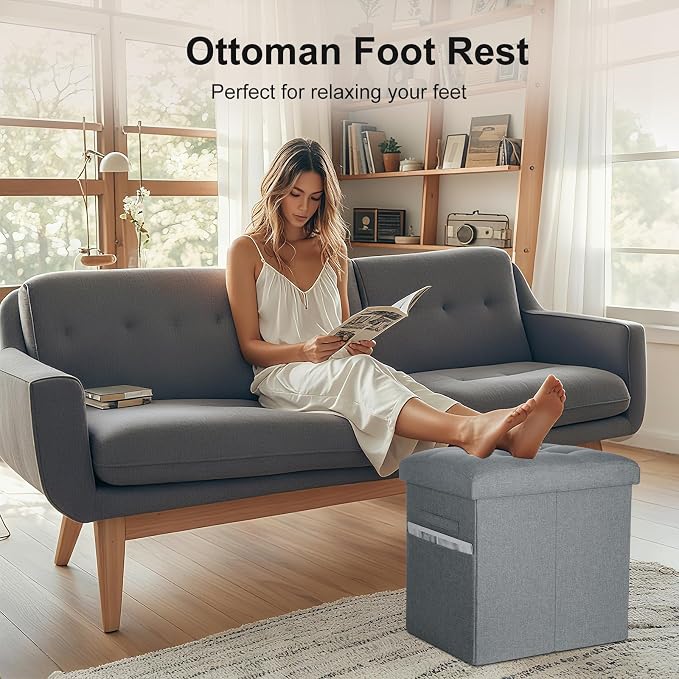 Storage Ottoman Foot Rest, 61L Slim Tall Folding Linen Foot Stool with Thicker Foam Padded Seat. Small Ottoman with Storage Bench for Bedroom Living Room, 300lbs Weight Support, 17x13x13IN, Light Gray