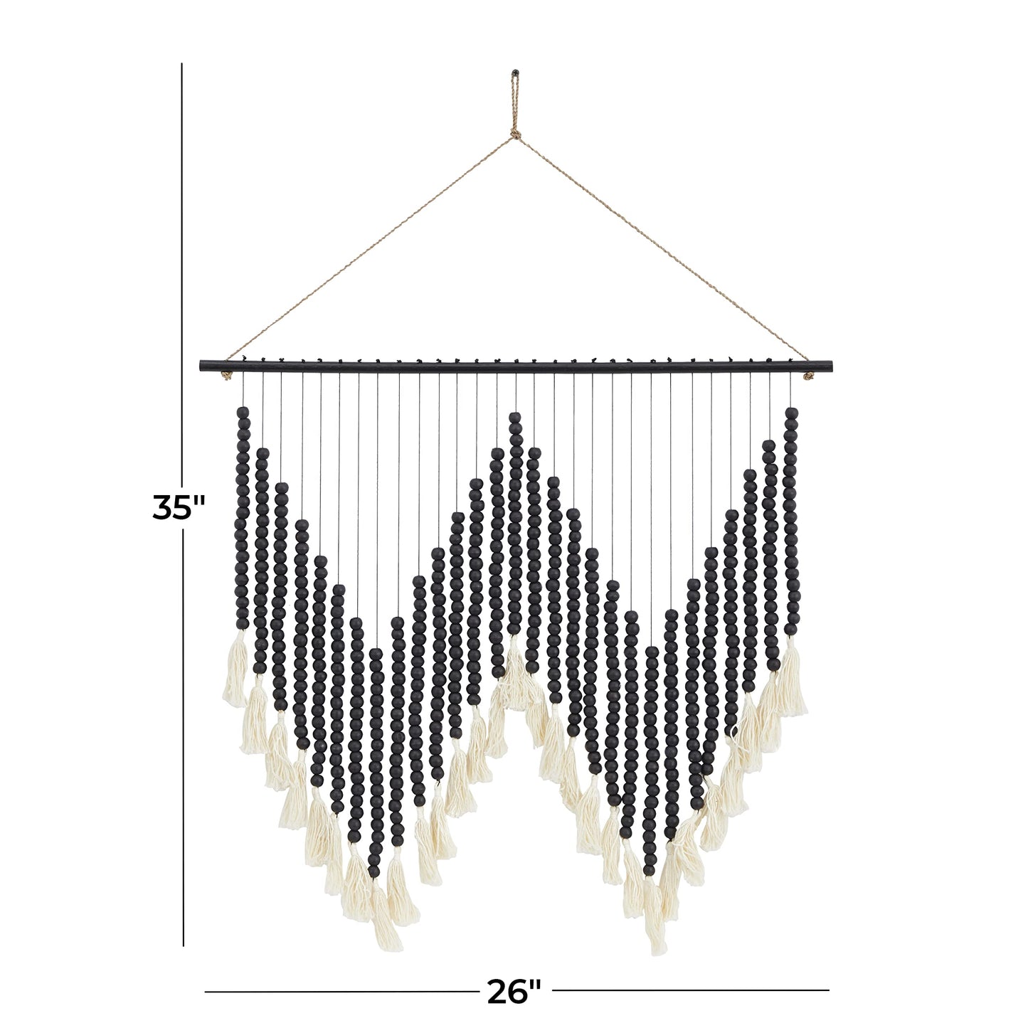 Deco 79 Wood Macrame Home Wall Decor Beaded Wall Sculpture with Fringe Tassels, Wall Art 26" x 1" x 35", Black
