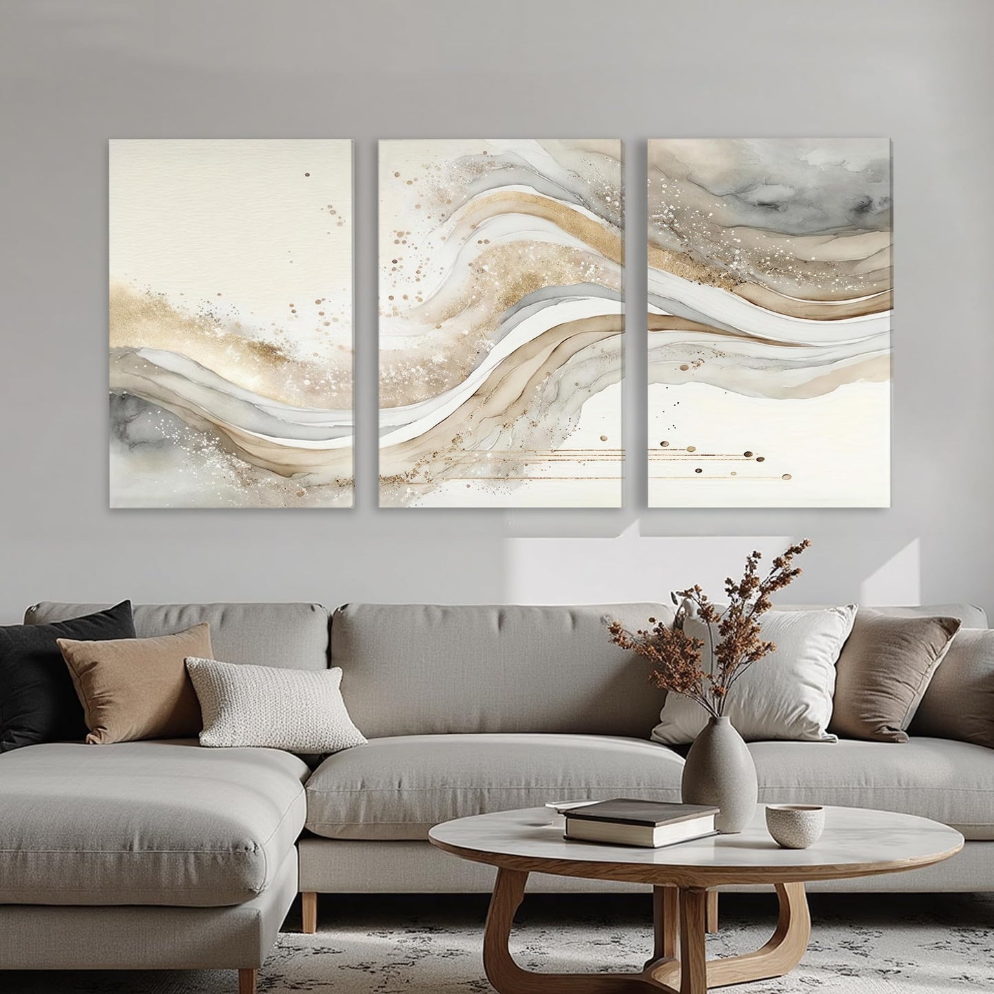 AVECCO 3 Pieces Gold Wave Abstract Wall Art, Modern Pictures Canvas Stylish Wall Decor,Minimalist Gold Art Prints for Bedroom Living Room Office Home Decoration Ready to Hang 20x30 Inch
