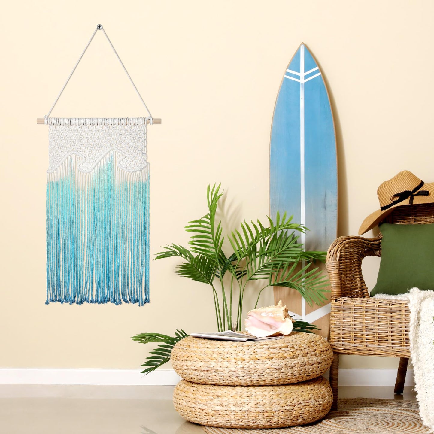 Bucherry Beach Wave Hanging Tassels Decor 16" x 26" Ocean Macrame Wall Hanging Coastal Tapestry Wall Art for Beach Themed Seafaring Living Room Bedroom Home Decoration
