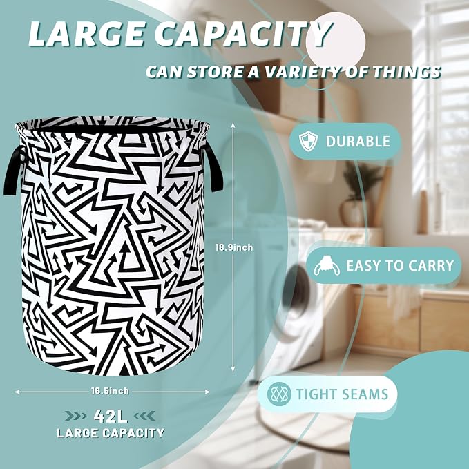 Black White Abstract Arrow Laundry Basket Foldable With Handles Tote Bag Oxford Cloth Funny Laundry Hamper Clothes Storage Bucket Toy Organizer 18.9" x 16.5" For Bathroom/Laundry/Bedroom