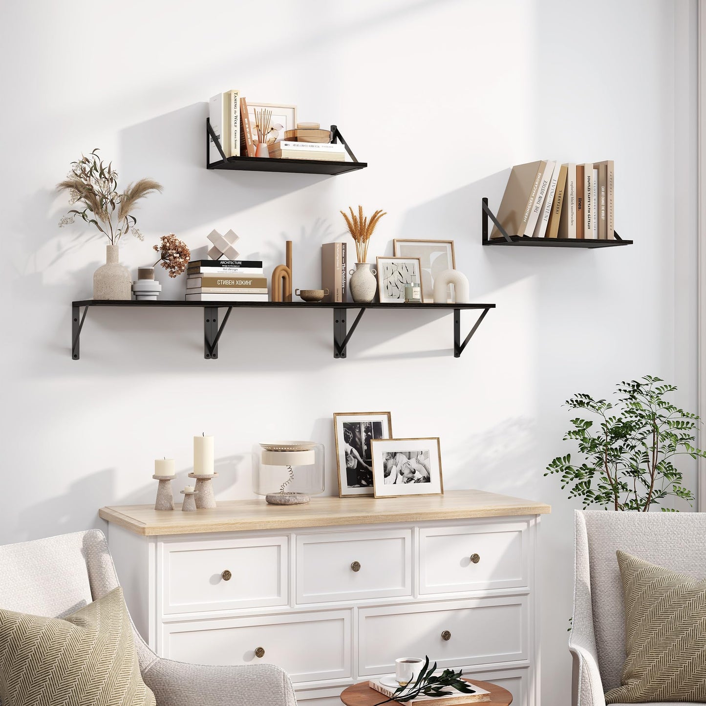Heimlove Black Deep Floating Shelves for Wall, 16W x 8D Wood Wall Shelves Set of 2, Wide Floating Bookshelf for Living Room, Kitchen, Office, Bedroom and Decor Storage, with Metal Bracket - Black