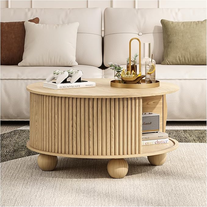 JOINICE Round Coffee Table with Storage, 31.5" Natural Oak Fluted Drum Center Table, Scandi Japandi Wood Circle Table with Sliding Door & Bun Feet for Living Room