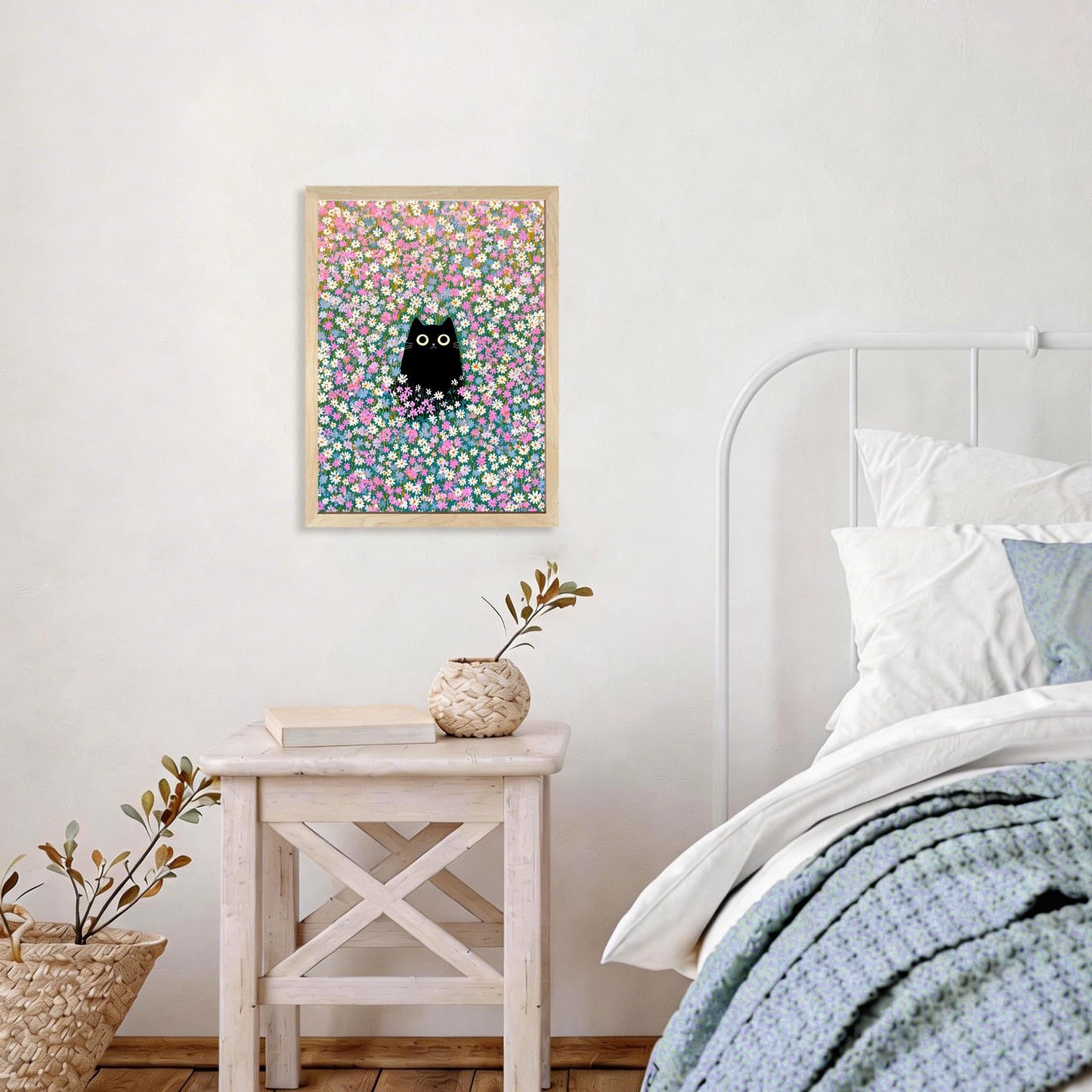 Apokiil Black Cat in Wildflower Field Wall Art - Cute Cat Floral Canvas Print, Poster for Bedroom Living Room Bathroom Wall Decor 24x 16In
