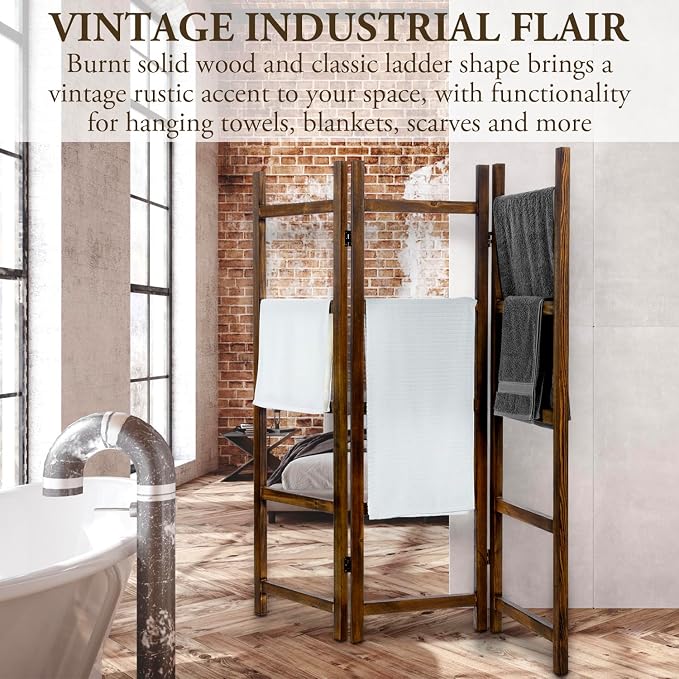 Blanket Ladder,Burnt Wood Blanket Ladder 59" H Freestanding and Folding, 6 Tier and 3 Panel Towel Rack for Bathroom, Decorative Display Ladder Shelf Quit Rack for Living Room, Brown.
