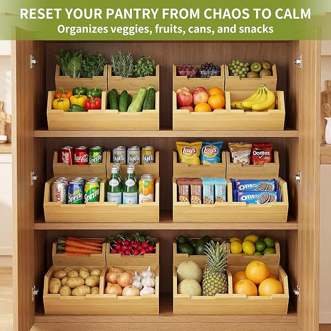 Bamboo Pantry Storage Bins, Stackable Potato and Onion Storage Bin for Kitchen Countertop, Wood Pantry Organizer Baskets for Fruit Vegetable Snack