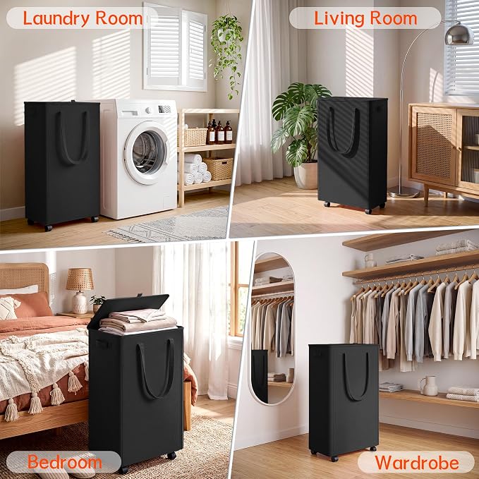 Slim Laundry Hamper with Wheels,20 Gal (75L) Rolling Laundry Basket with lid and wheels Clothes Hamper Foldable Tall Dirty Clothes Basket Sturdy Collapsible Clothes Hamper for Dorm,Laundry Room