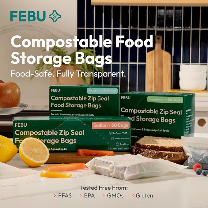 FEBU Gallon Compostable Food Storage Bags, 60 Count | Certified Home Compostable & Biodegradable | PFAS & BPA Free Zipper Bags | Leak-Proof & Resealable | 10.56” x 10.75”
