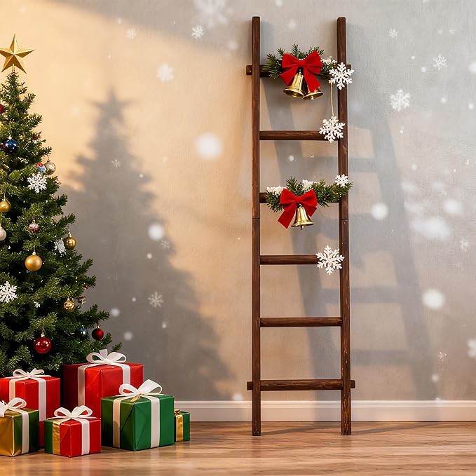 Wooden Blanket Ladder - Natural & Motley Wood - Leaning Wall Decor for Bedroom, Bathroom, Living Room - Rustic Quilt Holder & Towel Rack (Walnut Color, 76in（6-Tier）)