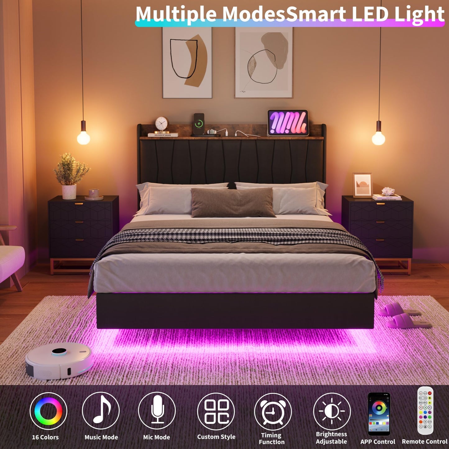 GarveeHome Floating Bed Frame King with LED Lights & USB Charging Station – Modern Upholstered Platform Bed with Headboard, Solid Wood Slats Support, No Box Spring, Easy Assembly, Noise-Free, Black