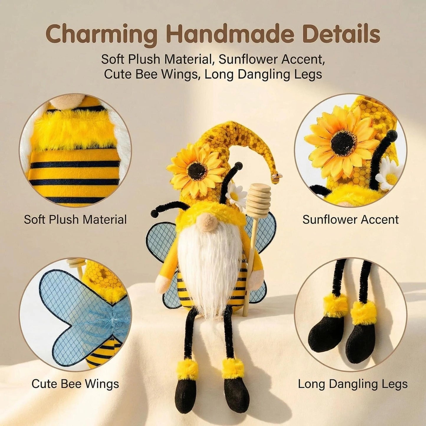 Spring Decorations for Home, Office, Indoor - Yellow Honey Bumble Bee Sunflower Plush Gnomes Doll - Summer Gnome Gifts Ideas for Women - Bee Stuffed Sitters - Unique Housewarming Gifts for New Home