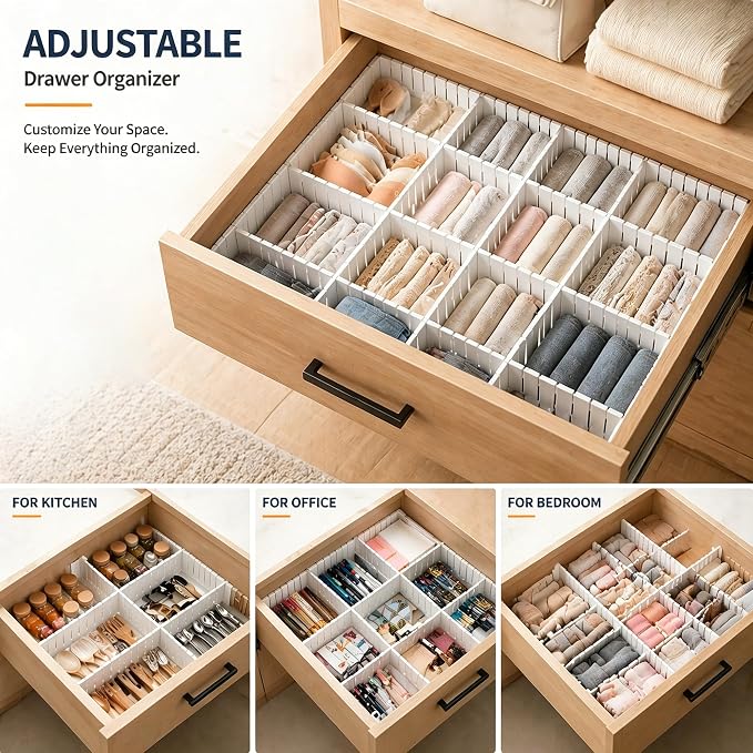 Drawer Divider Adjustable Diy Storage Organizer Separator for Tidying Clutter Cutlery Makeup Clothes of Dresses, Desk & Box in Kitchen Bathroom Bedroom Office (Cut at Will) (White 32PCS)