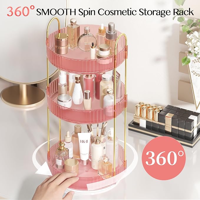 Rotating Makeup Organizer Countertop,Skincare Organizers,Spinning Perfume Tray Stand,Makeup Storage Organizer for Vanity,Bathroom Organizer and Storage,Lazy Susan,3 Tier,Pink