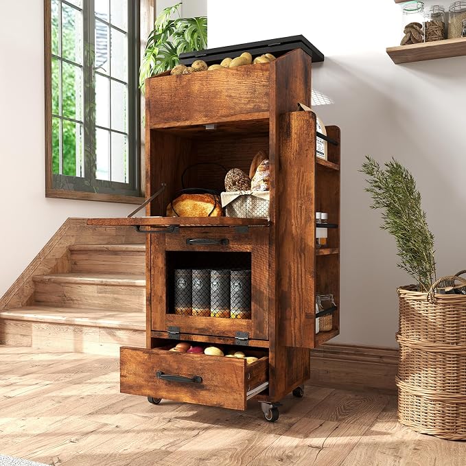 Verano Garden Potato and Onion Storage Bin on Wheels, Wood Bread Box with Lid & Mesh Doors, 4-Tier Rolling Fruit and Vegetable Storage Organizer w/Drawer & Side Rack for Kitchen (Rustic Brown, 16.0")