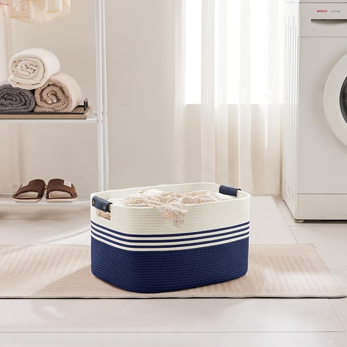 45L Laundry Basket with Leather Handles for Living Room Storage,Woven Rope Baskets for Blanket,Kids Toy,Gifts,Wicker Hamper for Bedroom Dirty Clothes,17.7"x13.8"x10.6"Navy